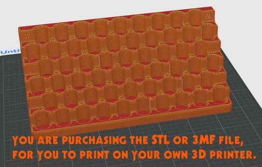 3D Print file - Storage for 10mm dropper bottles. 57 spaces for 21mm dia 70mm tall bottles.