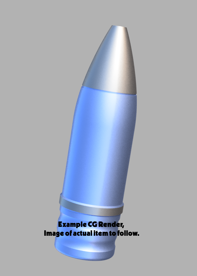 Blue cylindrical object with silver accents on a gray background