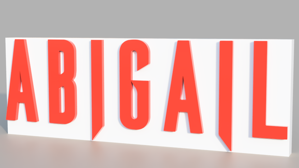 Red letters spelling 'ABIGAIL' on a white background