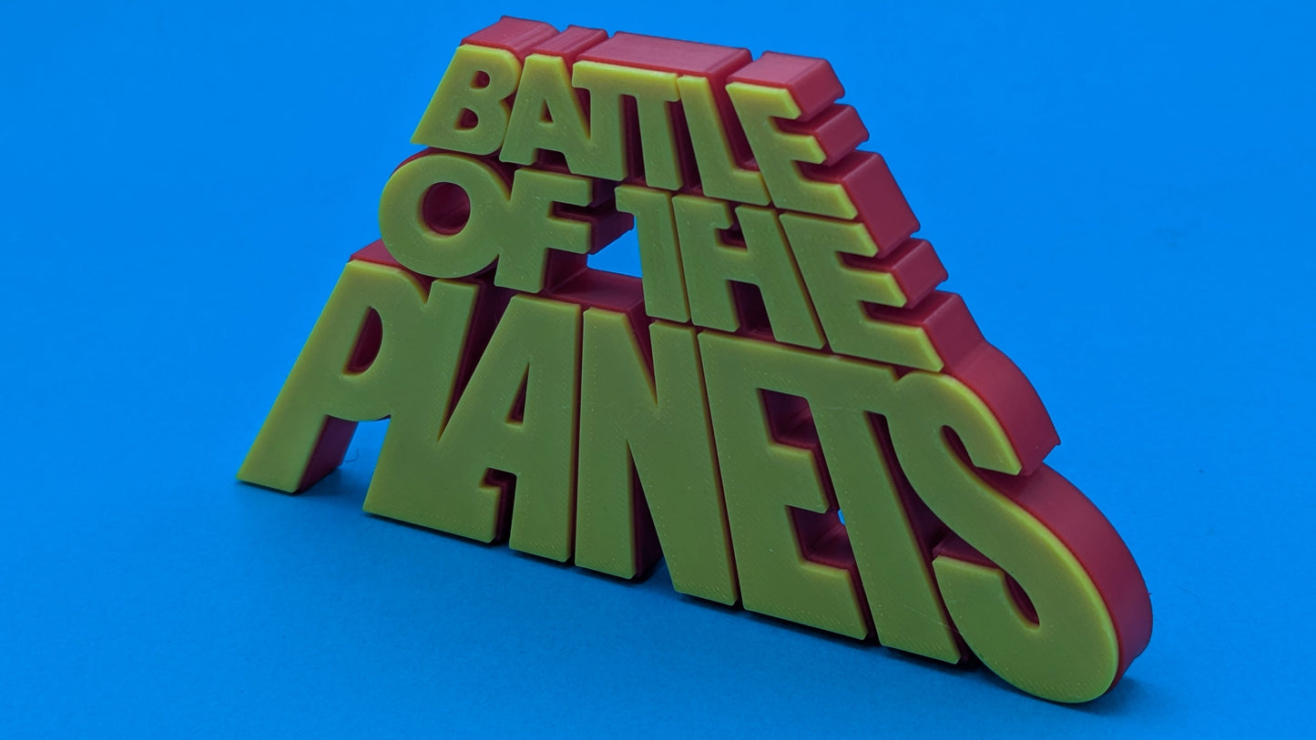 3D text 'BATTLE OF THE PLANETS' in red and green on a blue background