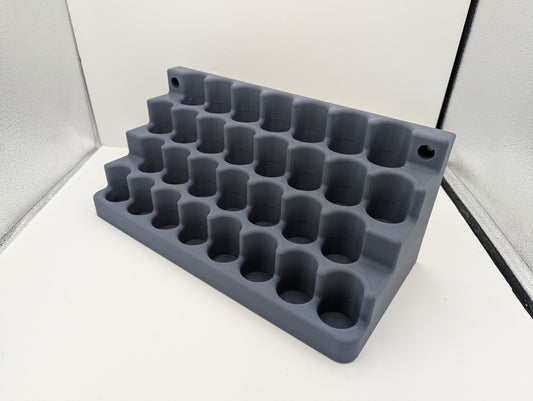 Storage for 50ml bottles. 30 spaces for 32mm dia 107mm tall bottles.