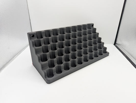 Storage for 10mm dropper bottles. 57 spaces for 21mm dia 70mm tall bottles.