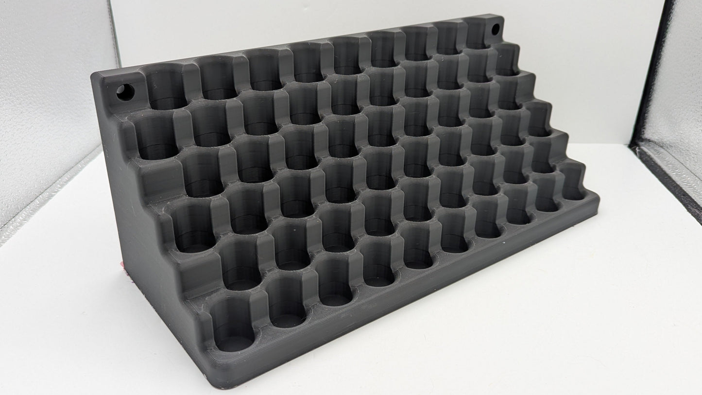 3D Print file - Storage for 10mm dropper bottles. 57 spaces for 21mm dia 70mm tall bottles.
