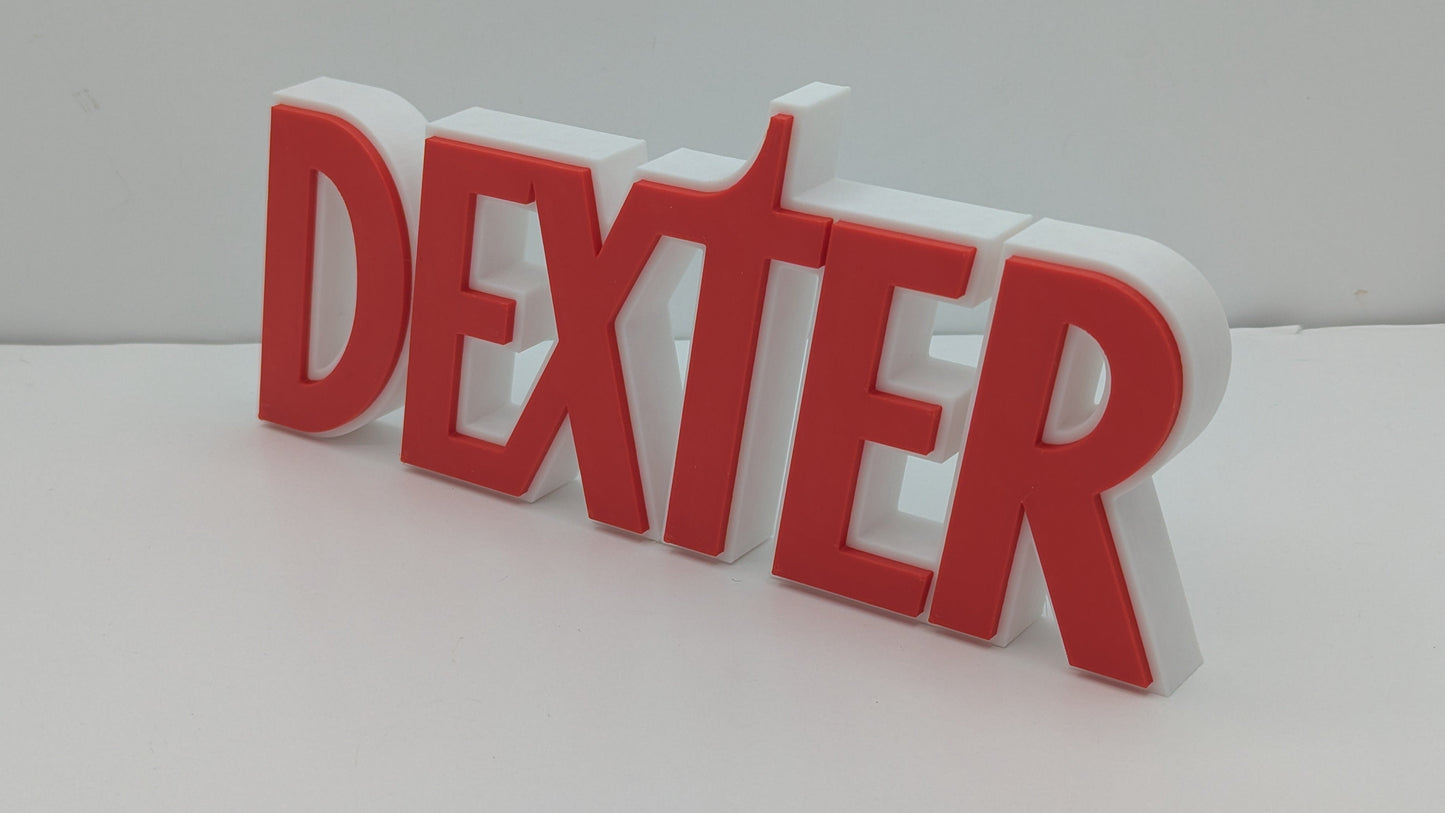 Red and white 'DEXTER' sign on a white background