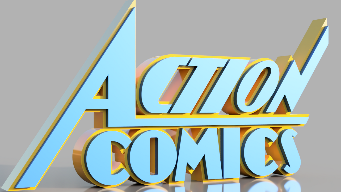 3D text 'Action Comics' with a reflective surface on a gray background