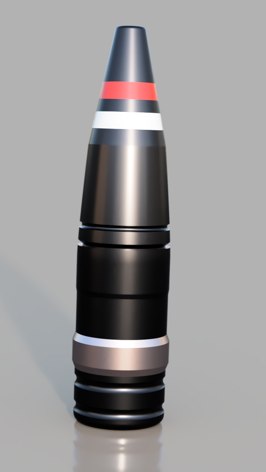 Black cylindrical object with colored bands on a gray background