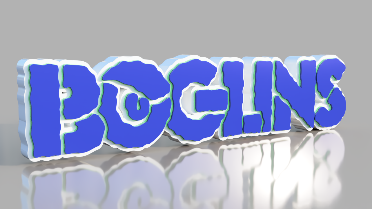 3D text 'BOGLINS' with a reflective surface on a gray background
