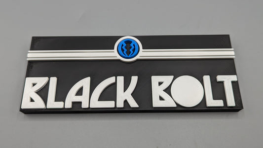 Black Bolt logo on a rectangular black and white sign with a blue circle on a gray background