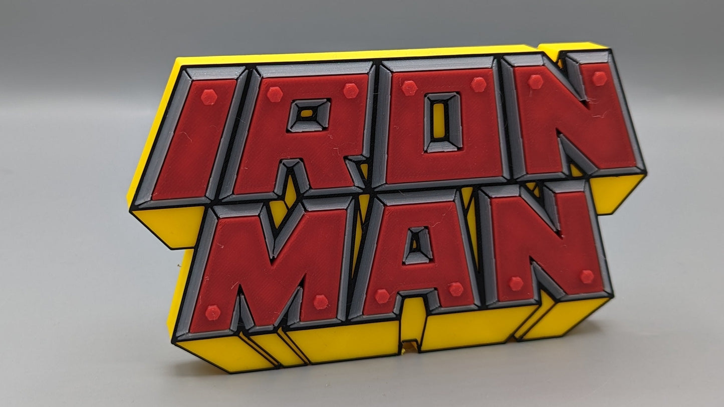 Iron Man logo badge on a gray background