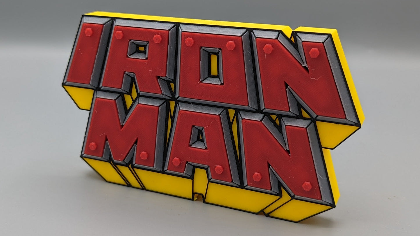 Iron Man logo badge on a gray background
