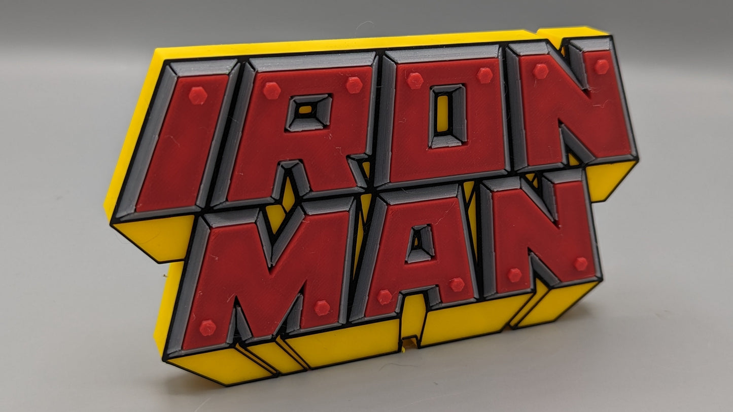 Iron Man logo badge on a gray background
