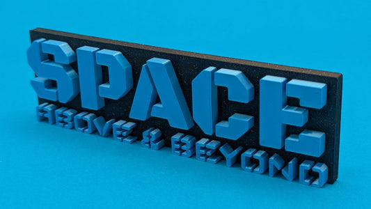 3D metal sign with 'SPACE' text on a blue background