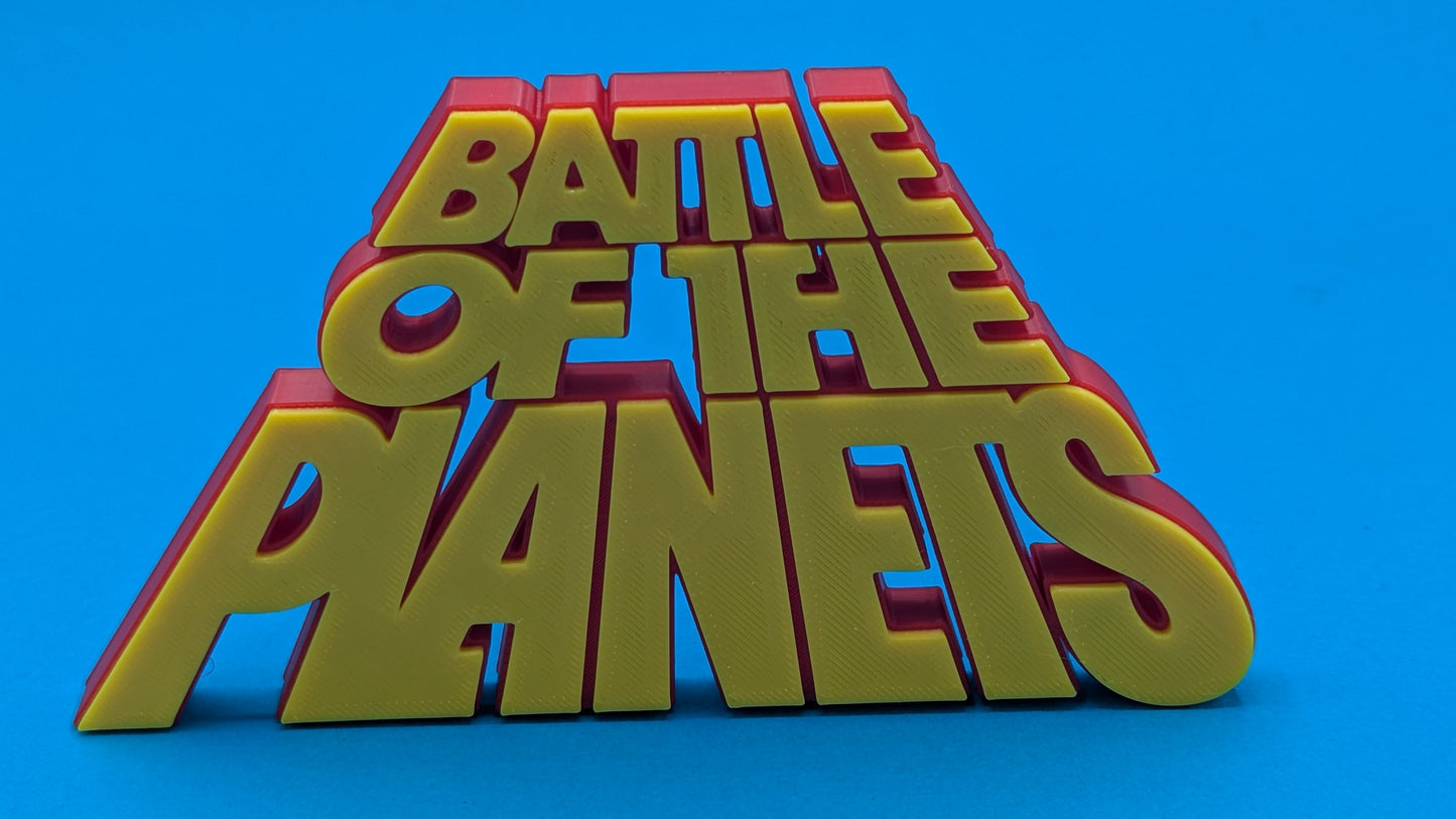3D text 'BATTLE OF THE PLANETS' in red and yellow on a blue background