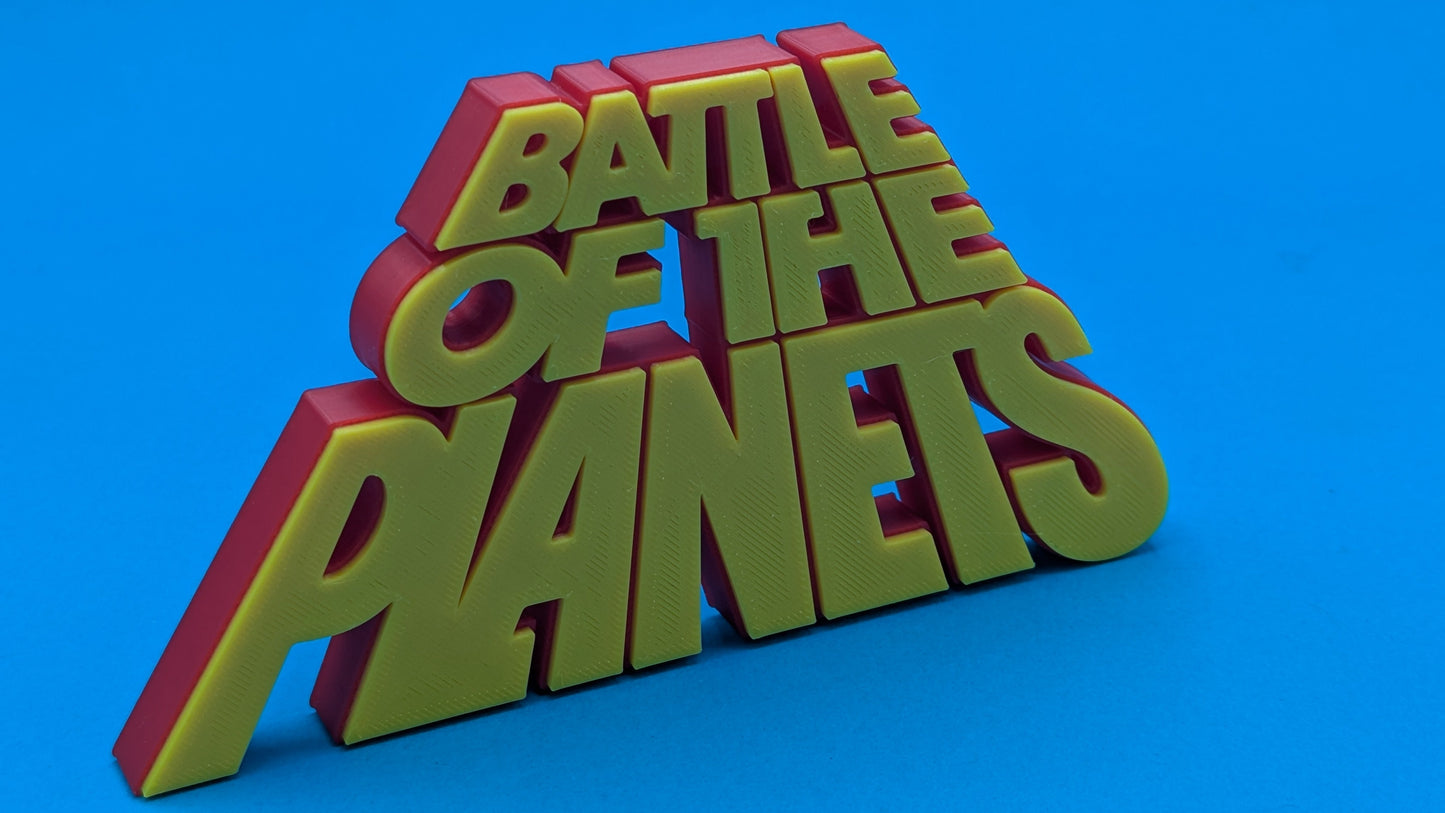 3D text 'BATTLE OF THE PLANETS' in red and yellow on a blue background