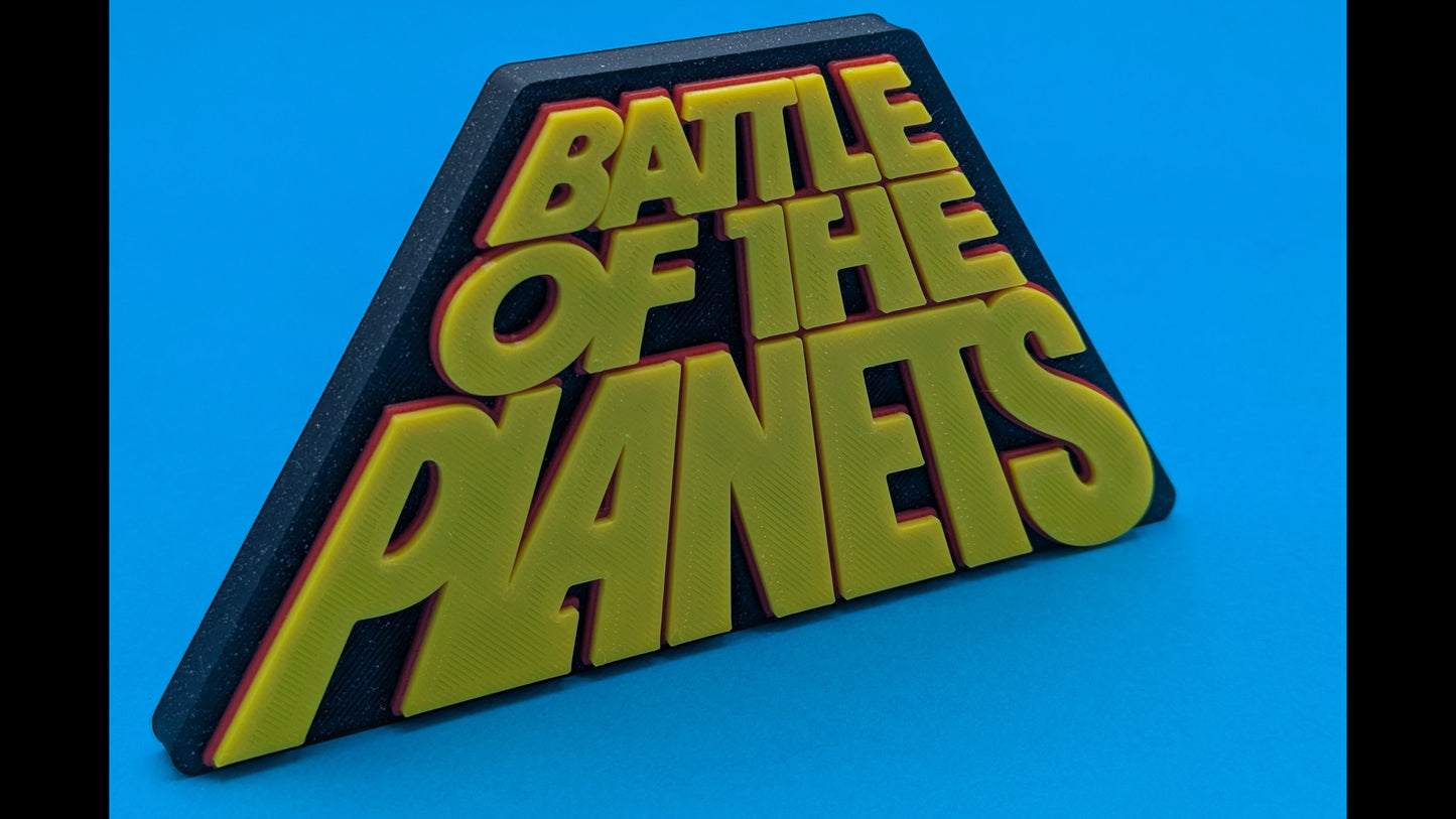 Triangular sign with 'Battle of the Planets' text on a blue background