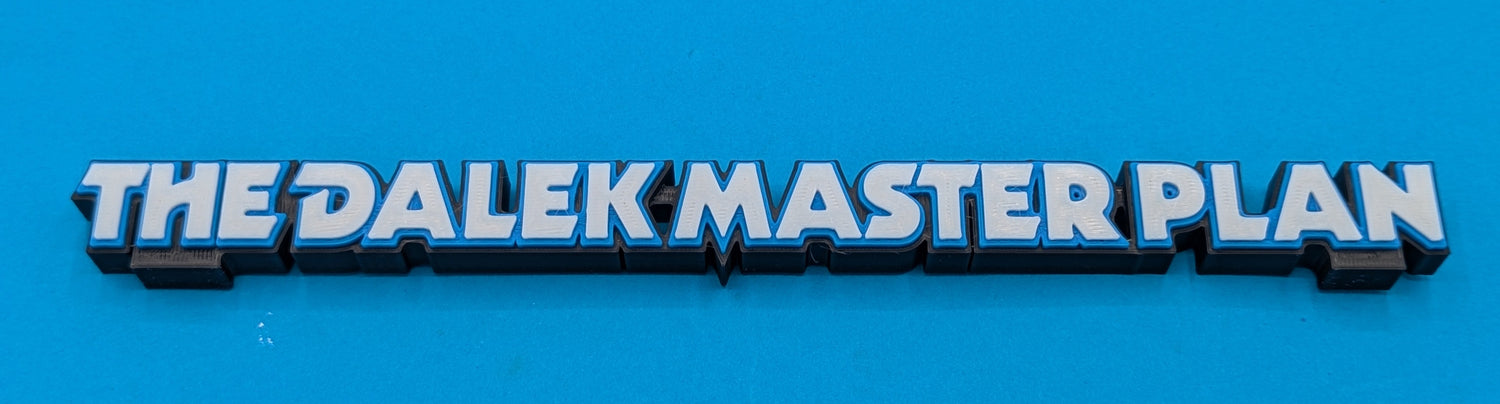 Metallic text 'THE DALEK MASTER PLAN' on a blue background