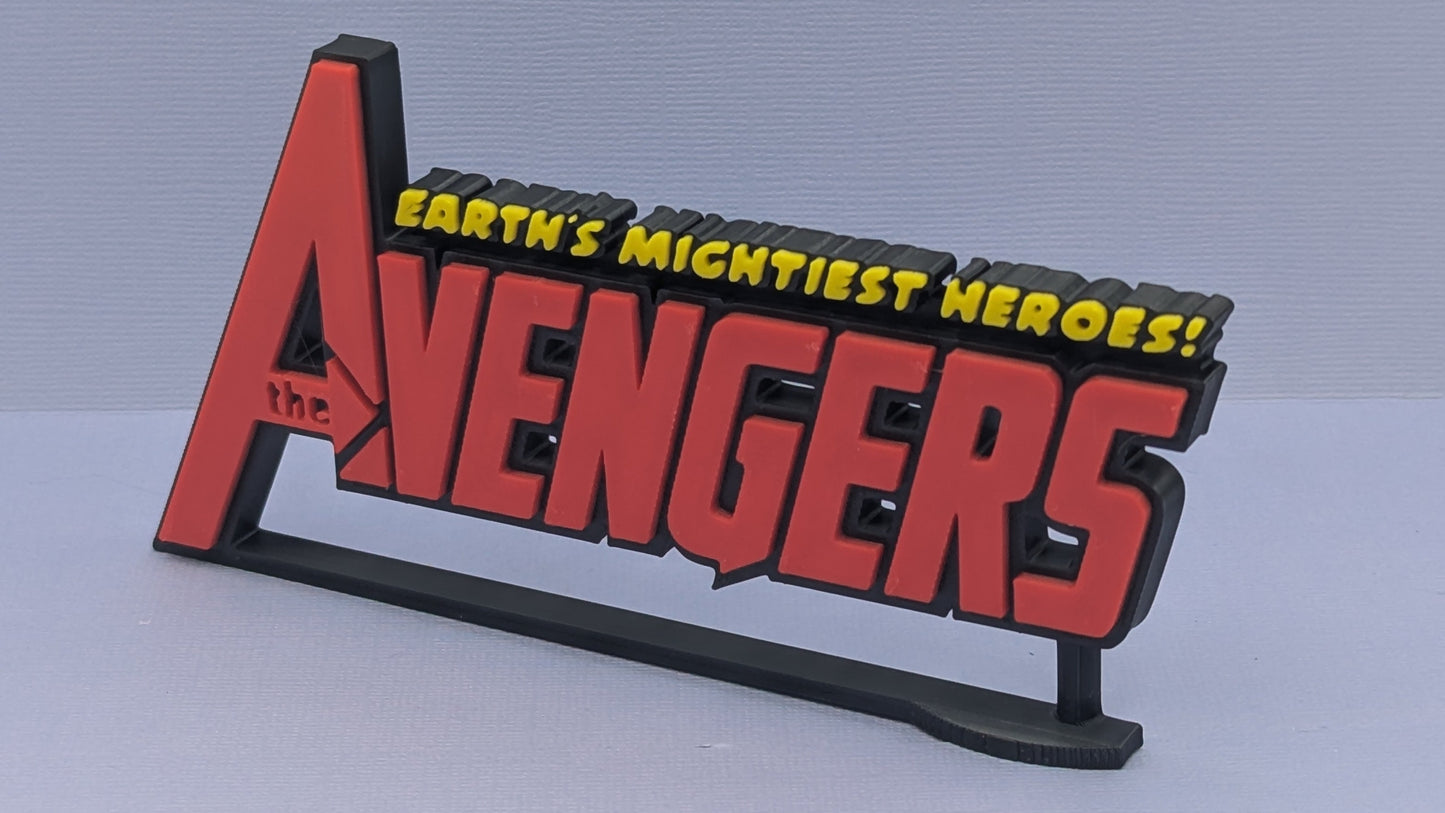 Avengers logo with 'Earth's Mightiest Heroes!' text on a gray background