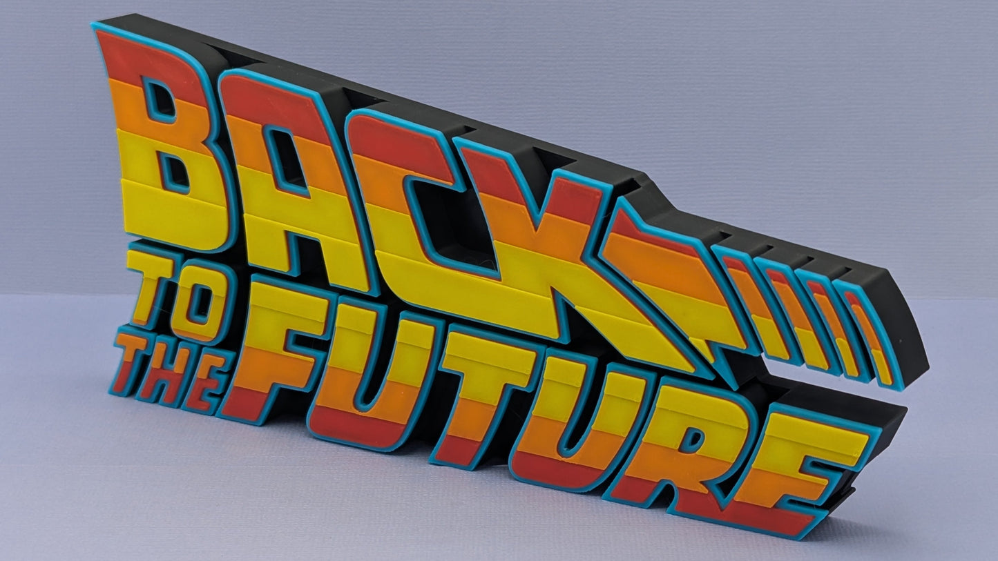 3D sign with 'Back to the Future' text on a gray background