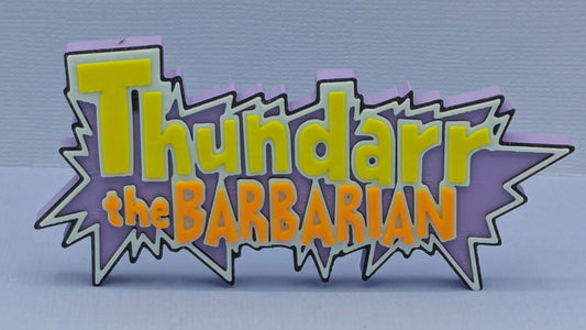 Logo of 'Thundarr the Barbarian' with a purple background