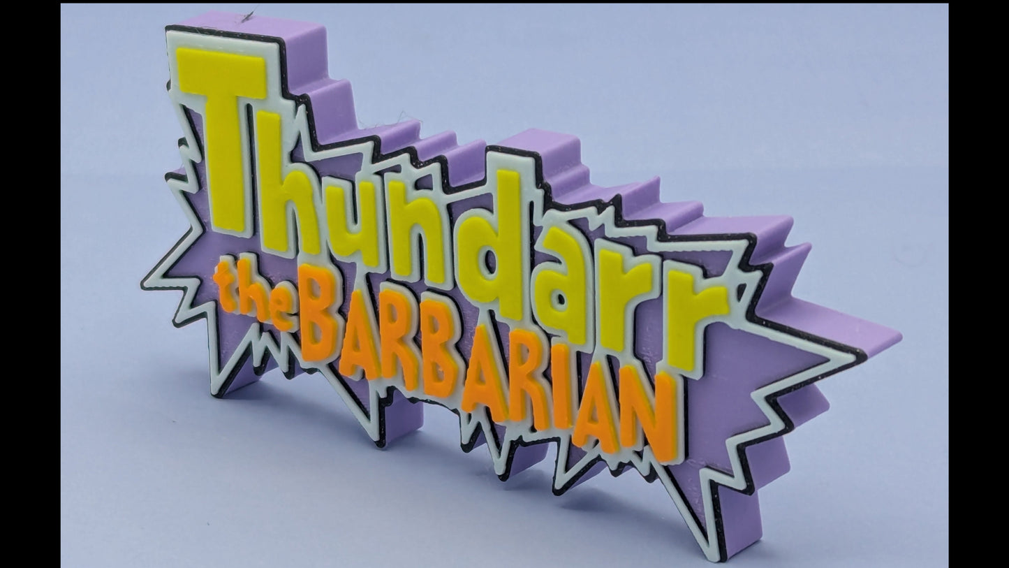3D logo of 'Thundarr the Barbarian' with colorful text on a light blue background