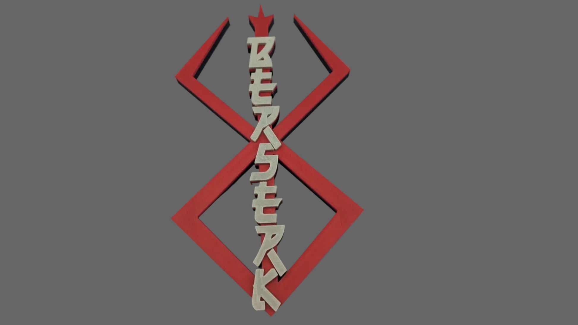 Berserk sign upright, silver lettering on red sigil. 