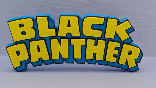 Black Panther logo in yellow and blue on a gray background