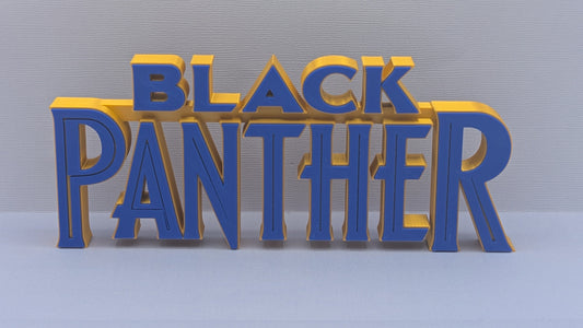 3D text 'BLACK PANTHER' in blue and yellow on a gray background