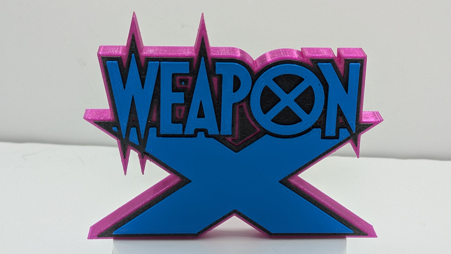Decorative sign with 'Weapon X' text on a white background