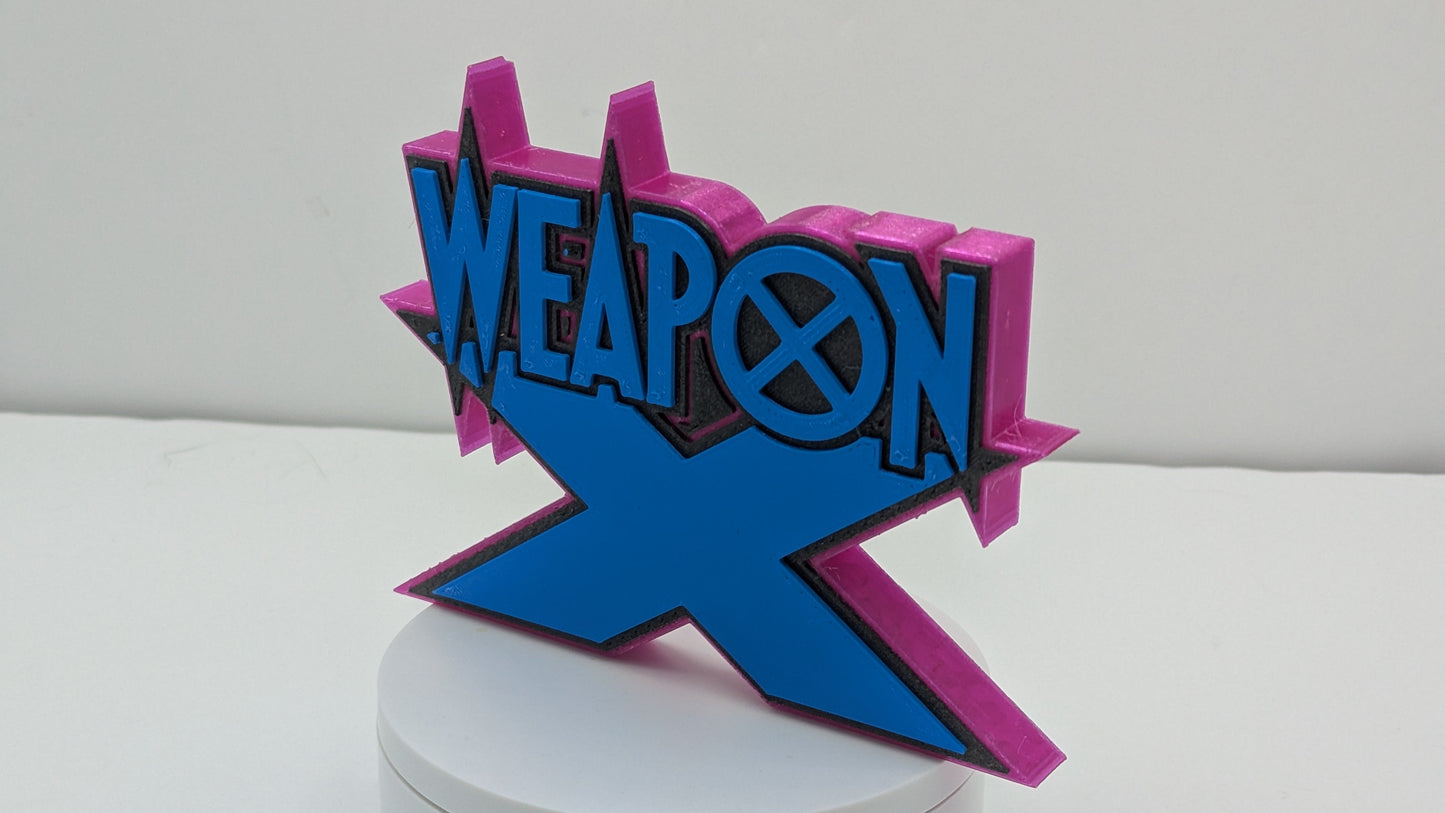 Weapon X in blue on a purple background