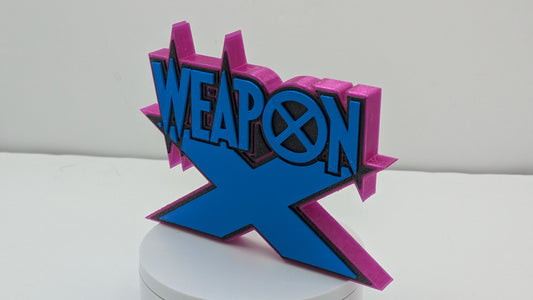 Weapon X in blue on a purple background