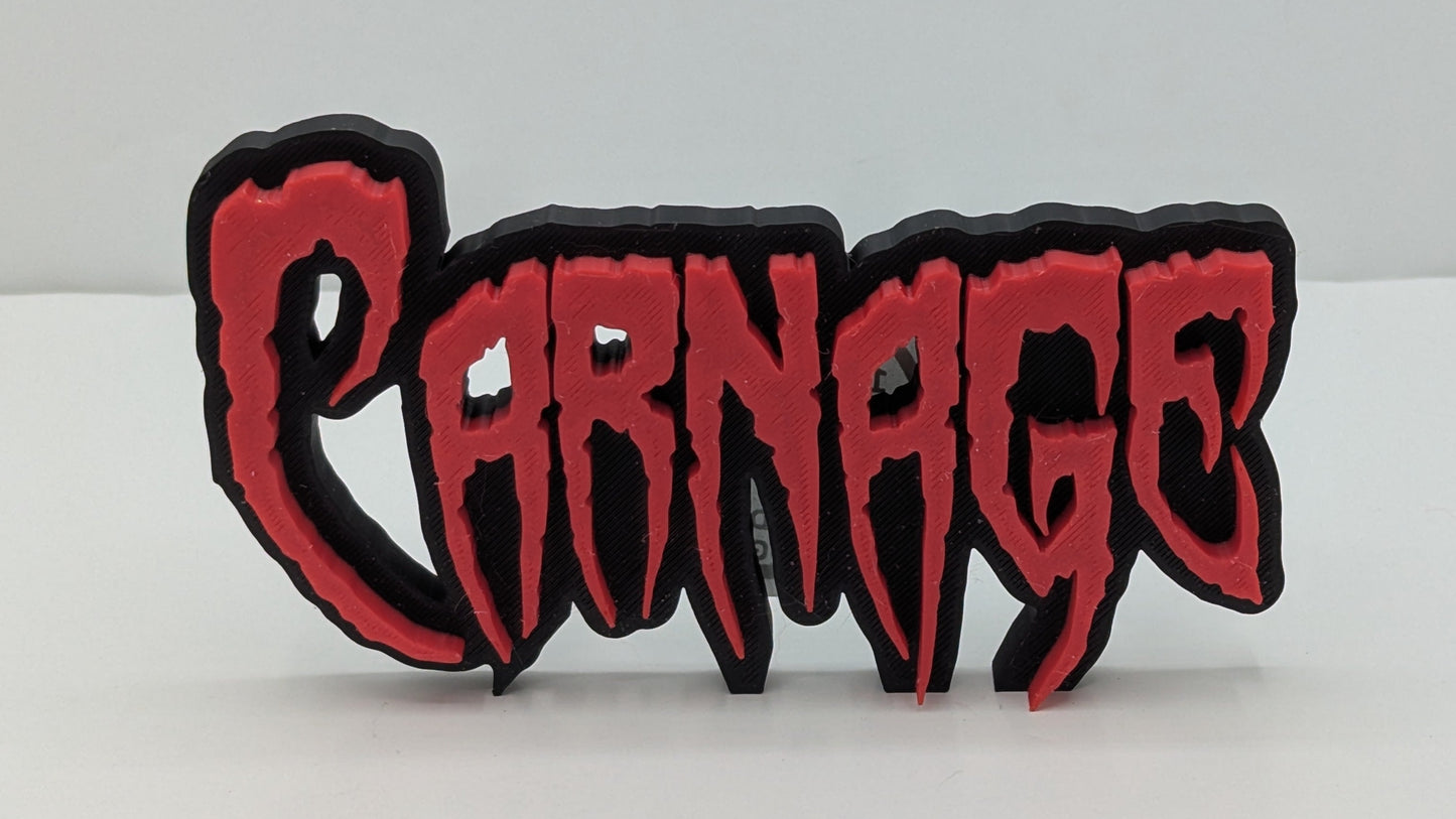 Red and black 'Carnage' logo on a white background