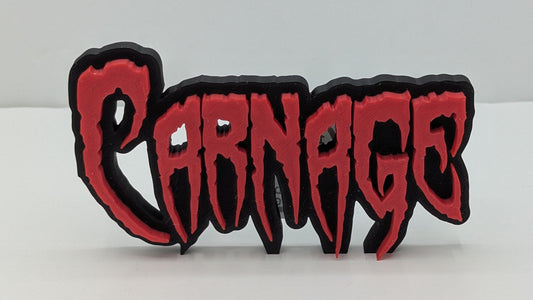 Red and black 'Carnage' logo on a white background