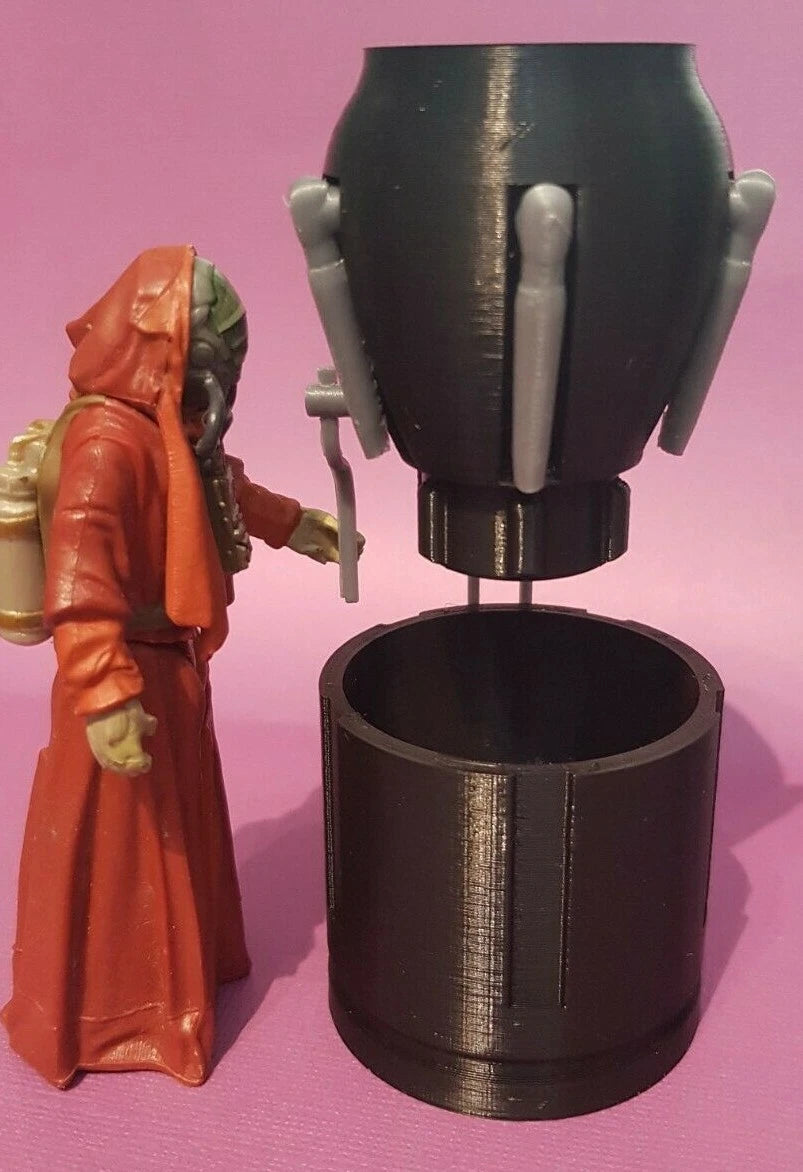 Figure in orange robe interacting with a black cylindrical object on a pink background